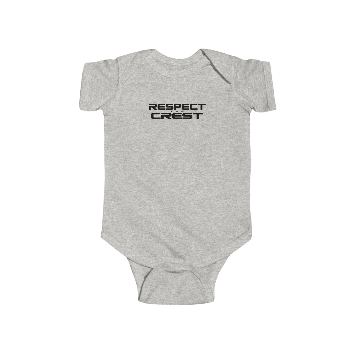Heather gray short-sleeve baby bodysuit with minimal RESPECT CREST graphic on chest