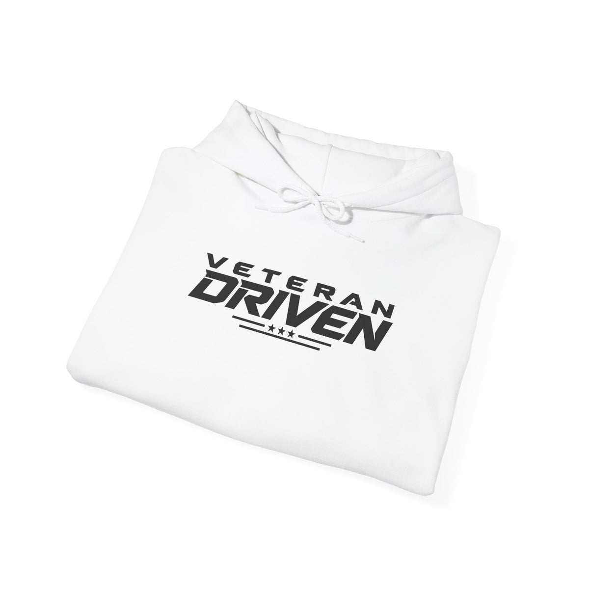 White pullover hoodie with front pocket, drawstring hood, and Veteran Driven logo