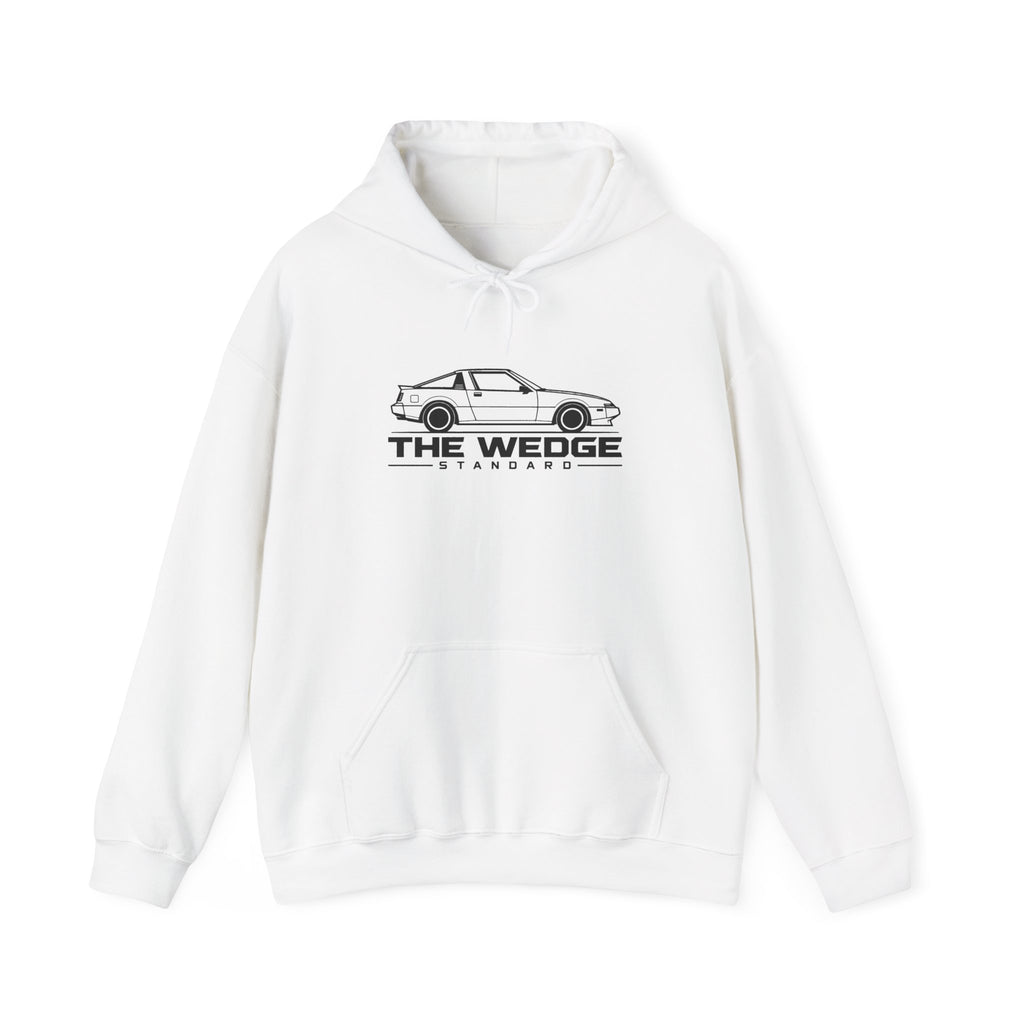 White JDM hoodie with hood drawstrings, front pouch pocket, and car logo graphic