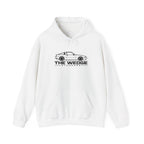 White JDM hoodie with hood drawstrings, front pouch pocket, and car logo graphic