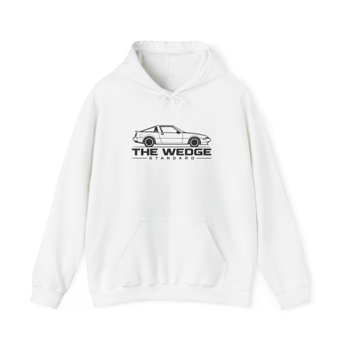 White JDM hoodie with hood drawstrings, front pouch pocket, and car logo graphic