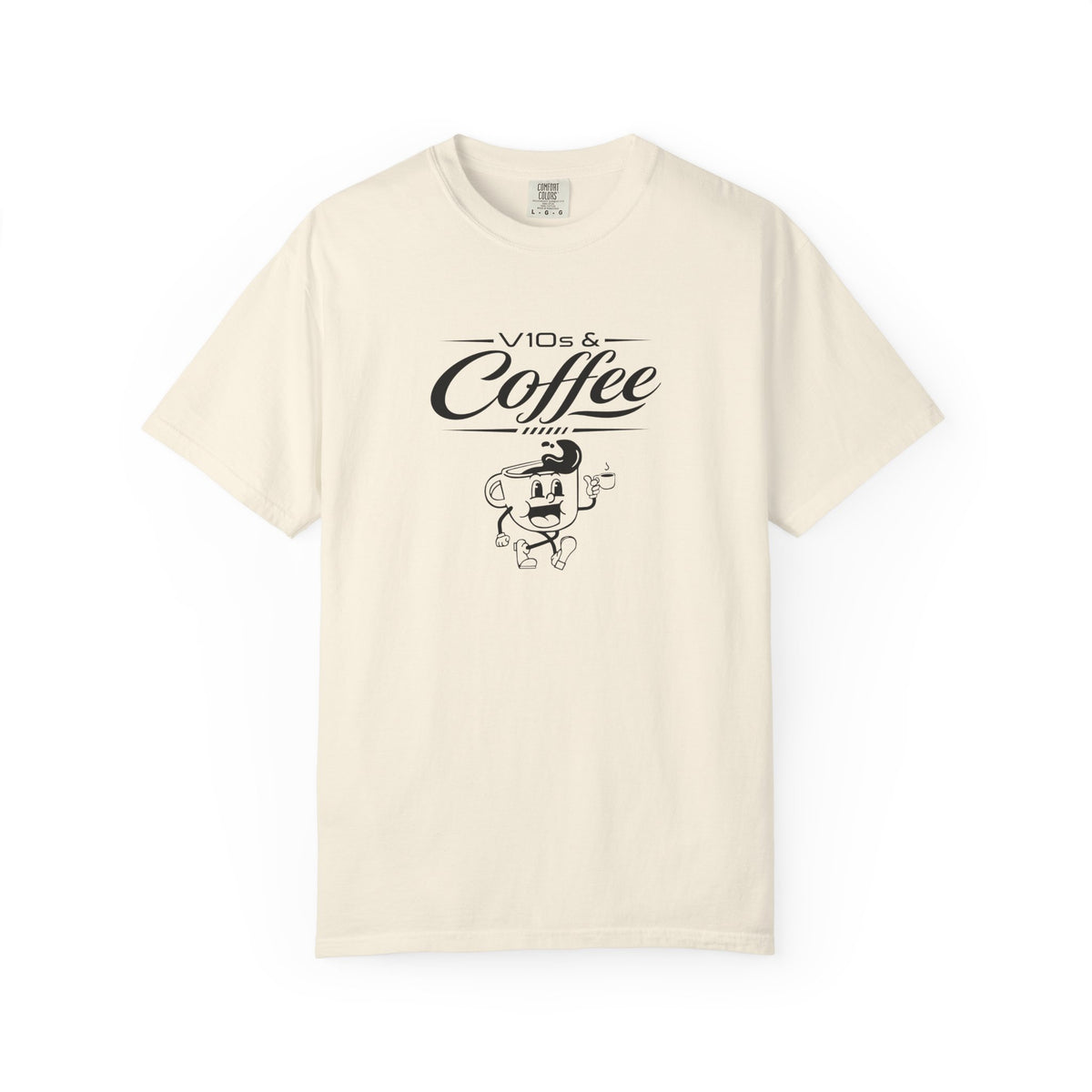Ivory t-shirt with “Coffee” script graphic and cartoon character on front