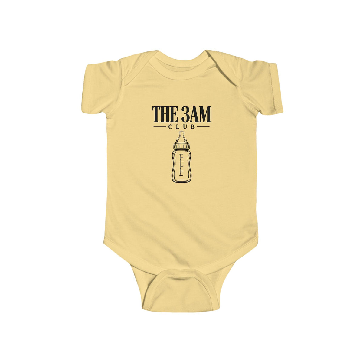 Baby bodysuit in butter yellow with “THE 3AM CLUB” bottle graphic on the front