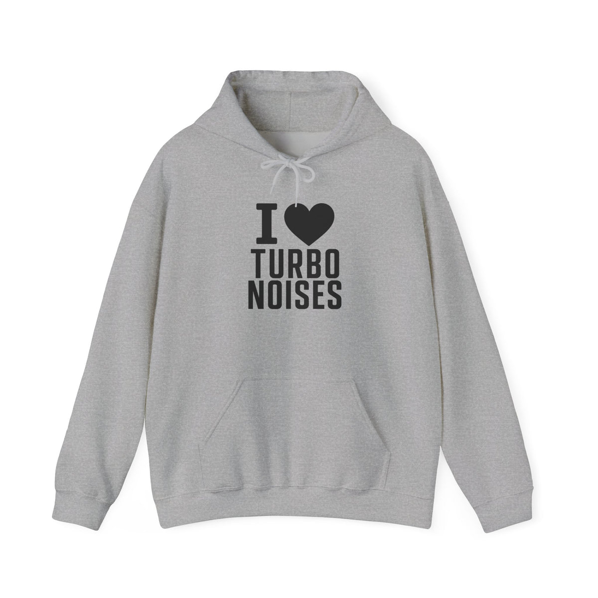 Light gray hoodie with front pouch pocket, drawstring hood, and I heart Turbo Noises logo