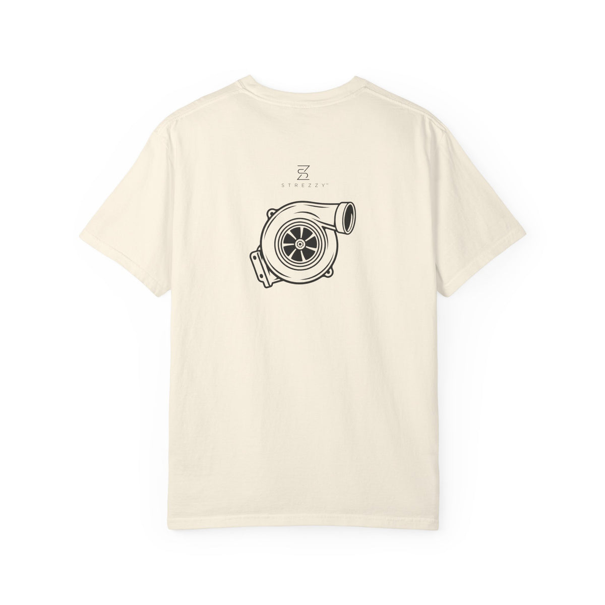 Ivory crew-neck T-shirt, back view with turbo emblem graphic