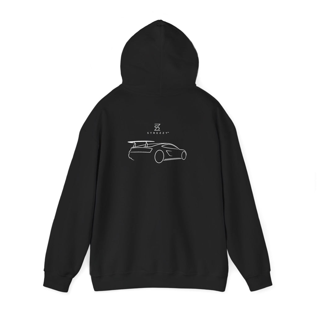 Black hoodie back view with line art car graphic and drawstring hood.