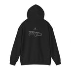 Black hoodie back view with line art car graphic and drawstring hood.