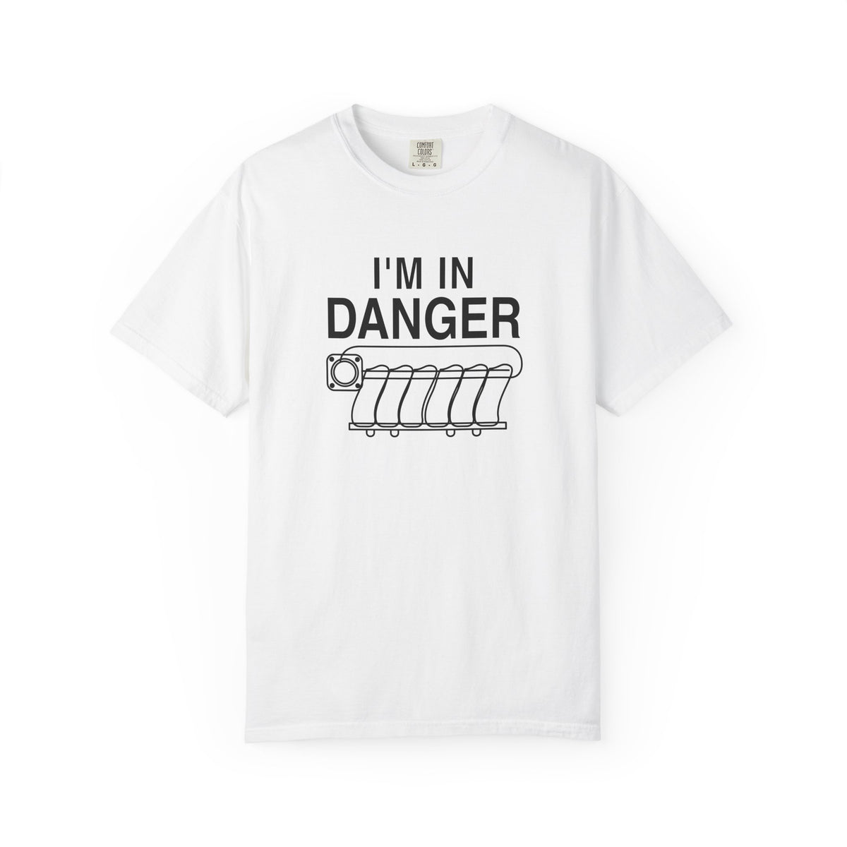 White crewneck T-shirt with “I'M IN DANGER” graphic print and illustrated tank