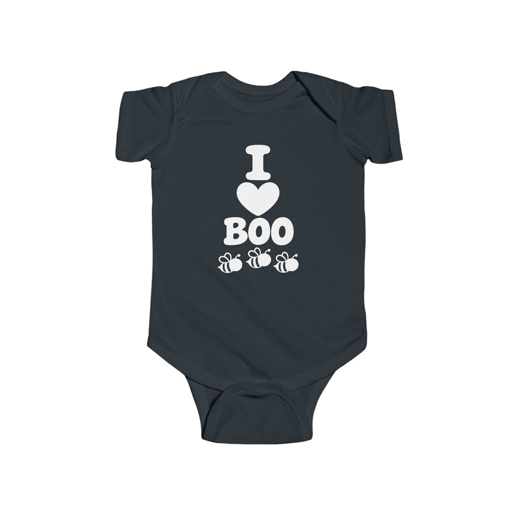 Black baby bodysuit with “I Boo” heart and spider graphic on the front