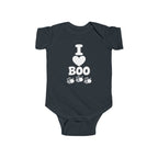 Black baby bodysuit with “I Boo” heart and spider graphic on the front