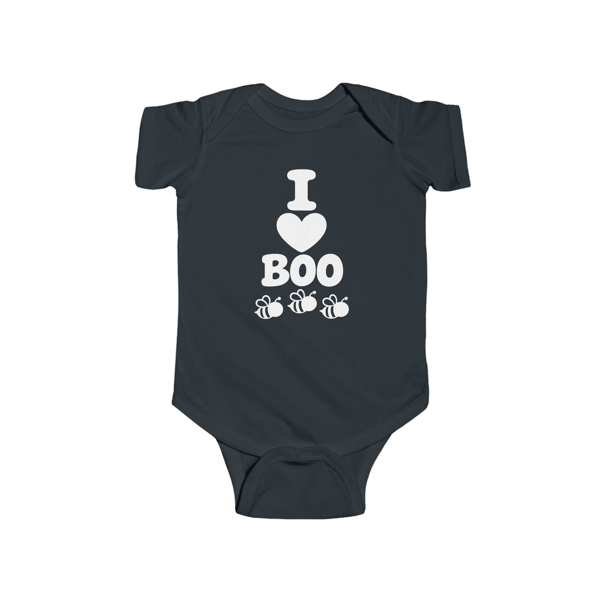 Black baby bodysuit with “I Boo” heart and spider graphic on the front