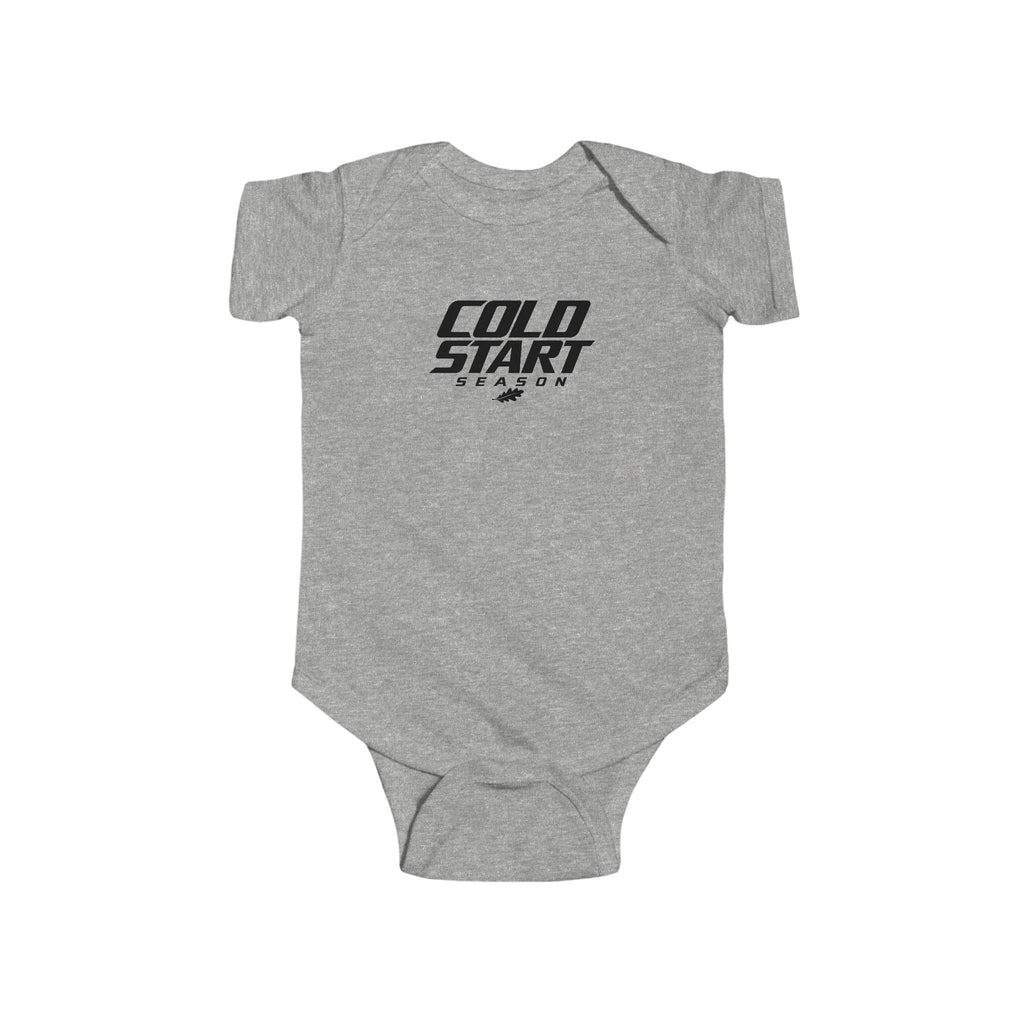 Heather gray baby short-sleeve bodysuit with chest graphic logo