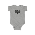 Heather gray baby short-sleeve bodysuit with chest graphic logo