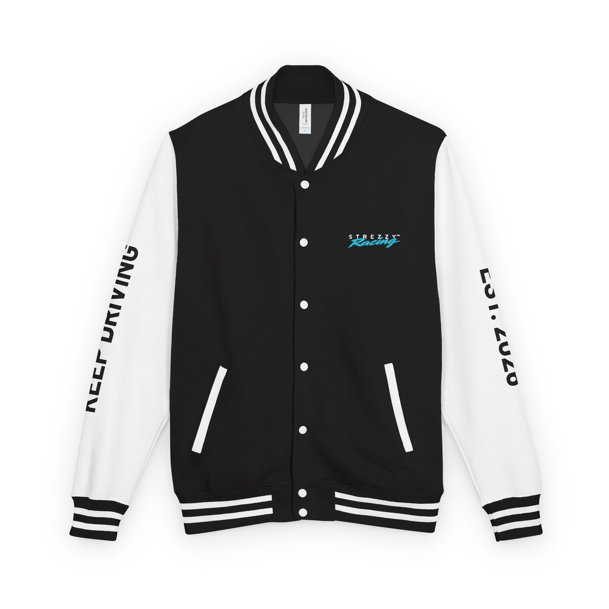 Black varsity racing jacket with white sleeves, striped rib trim, snap-button front, chest logo