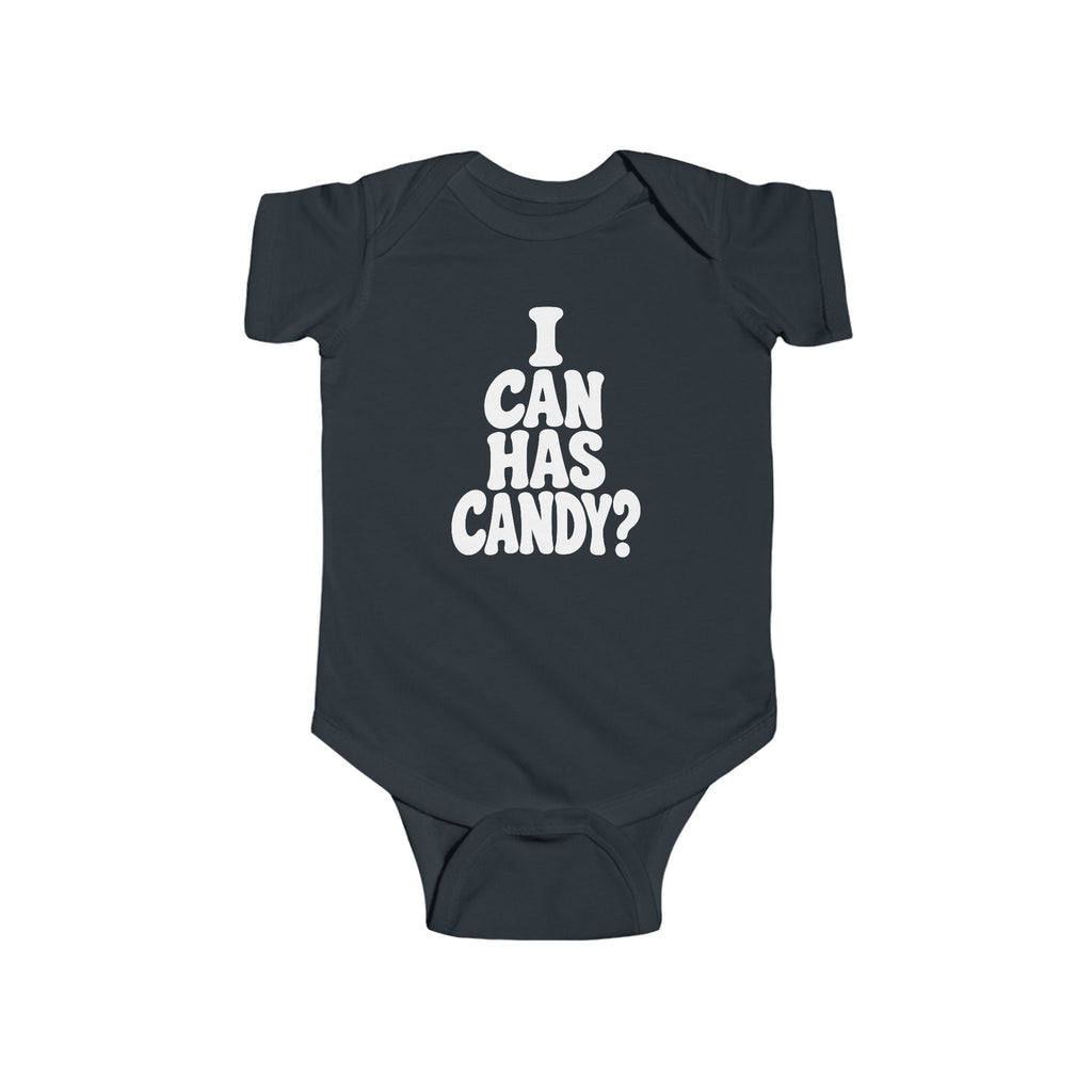 Dark navy baby bodysuit with white “I CAN HAS CANDY?” graphic on the chest