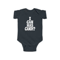 Dark navy baby bodysuit with white “I CAN HAS CANDY?” graphic on the chest