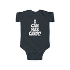 Dark navy baby bodysuit with white “I CAN HAS CANDY?” graphic on the chest