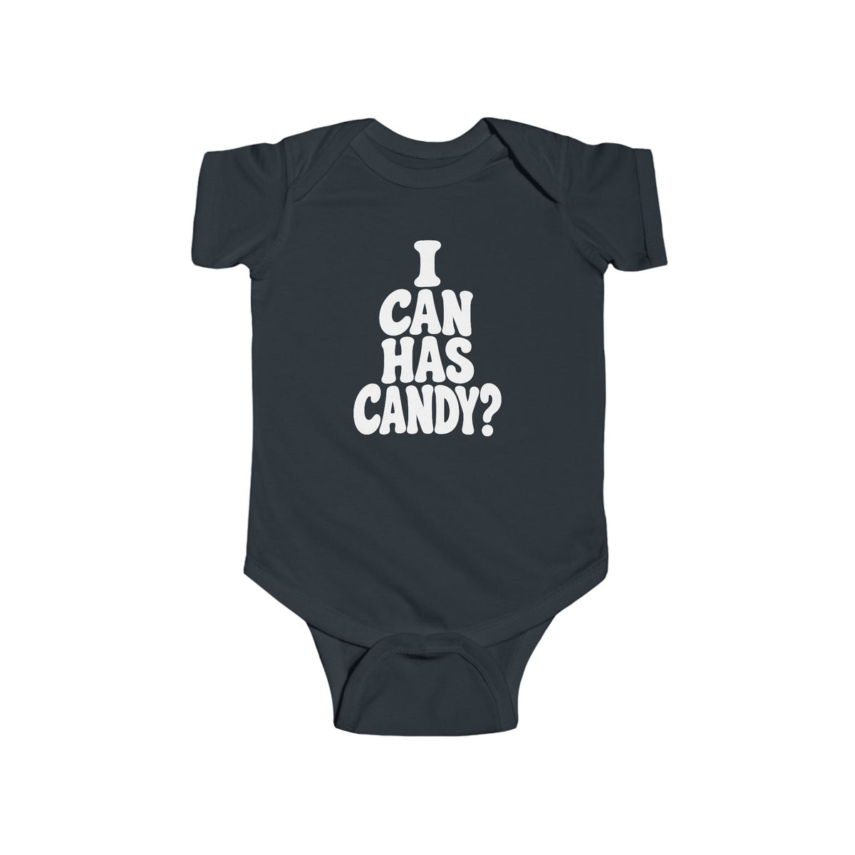Dark navy baby bodysuit with white “I CAN HAS CANDY?” graphic on the chest