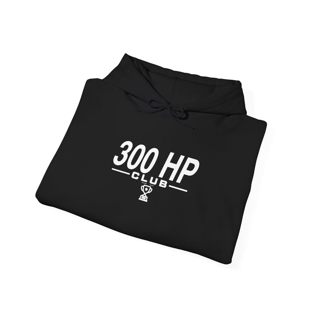 Black 300 HP Club hoodie with chest logo and drawstring hood