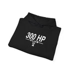 Black 300 HP Club hoodie with chest logo and drawstring hood