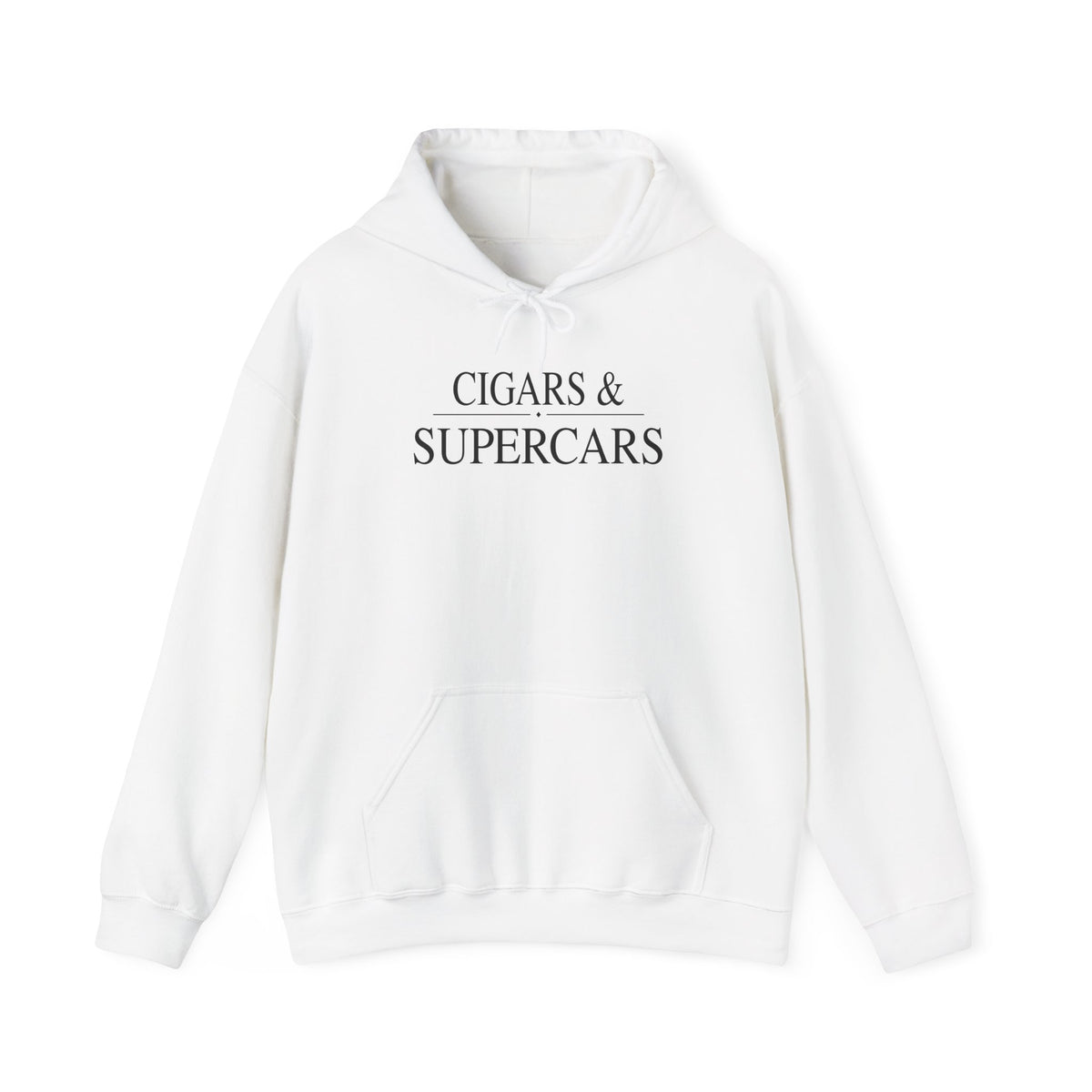 White hoodie with front pocket and “CIGARS & SUPERCARS” graphic, drawstring hood