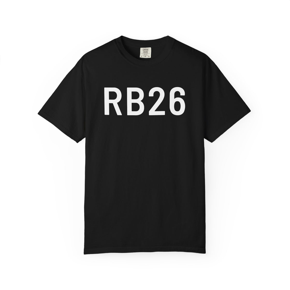 Black crew-neck T-shirt with white RB26 graphic on the front.