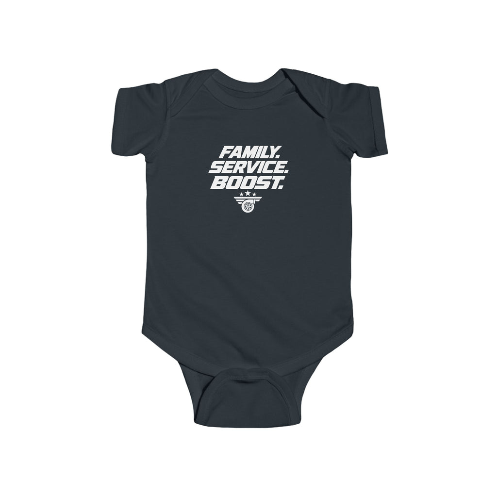 Baby bodysuit, navy blue, front graphic text and icon