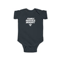 Baby bodysuit, navy blue, front graphic text and icon