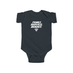 Baby bodysuit, navy blue, front graphic text and icon