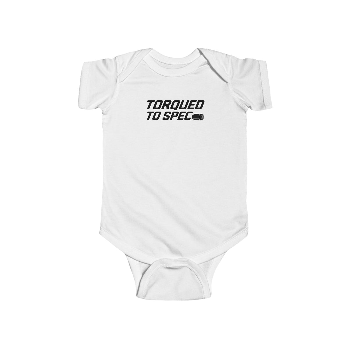 White baby bodysuit with short sleeves and “TORQUED TO SPEC” chest graphic