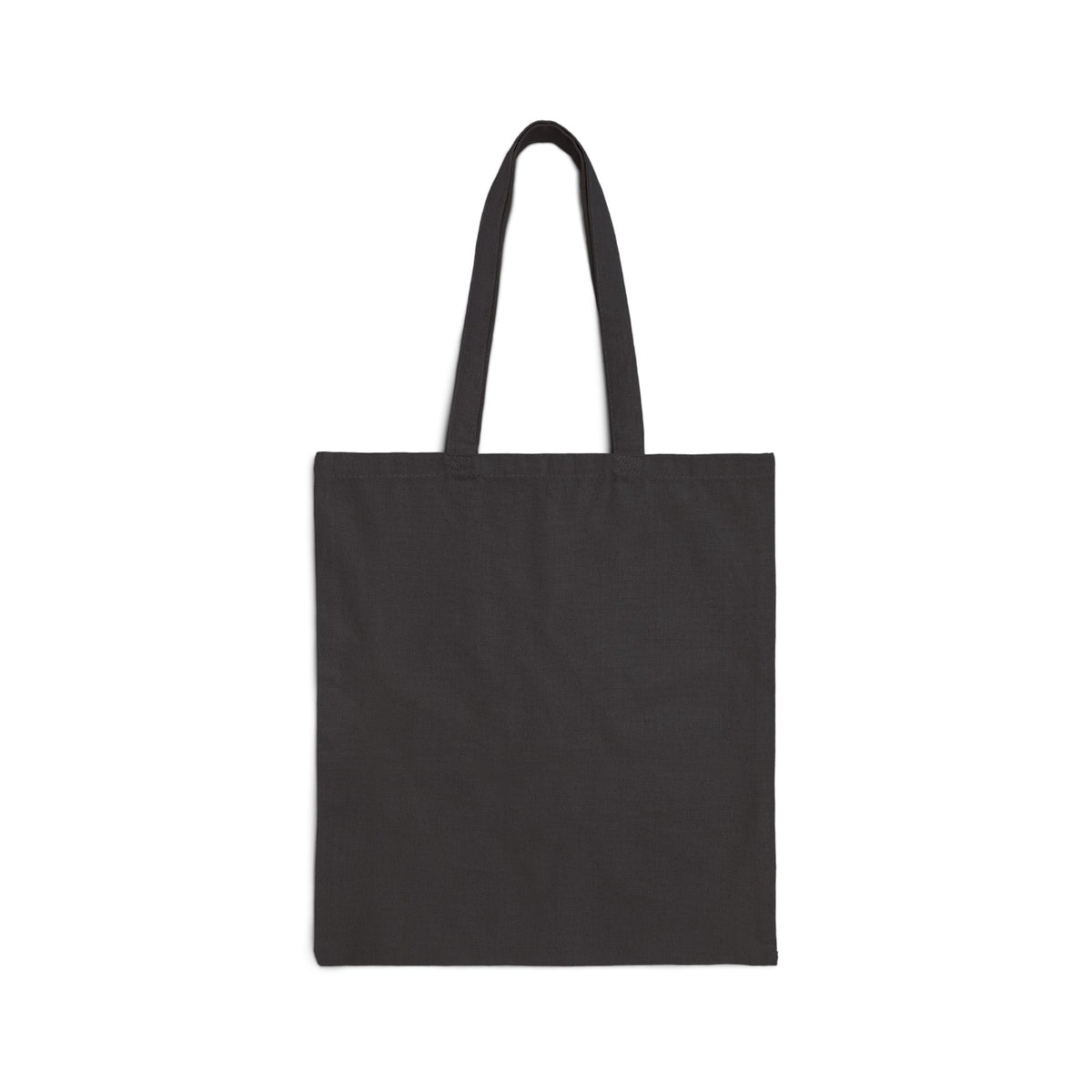 Black canvas tote bag with two handles, plain front design.