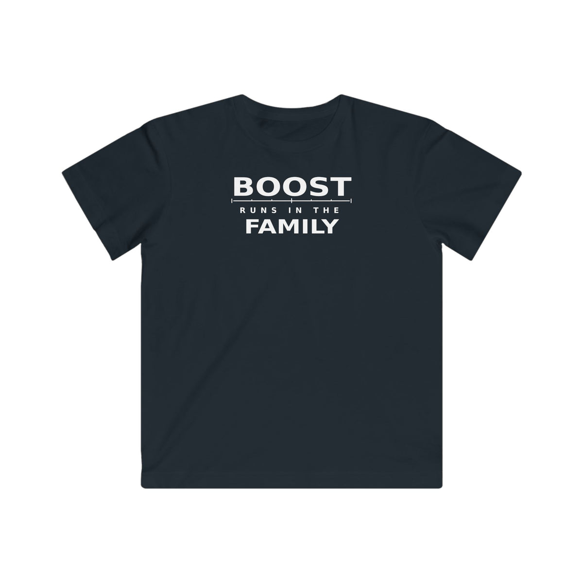 Dark navy kids T-shirt with BOOST RUNS IN THE FAMILY graphic on chest