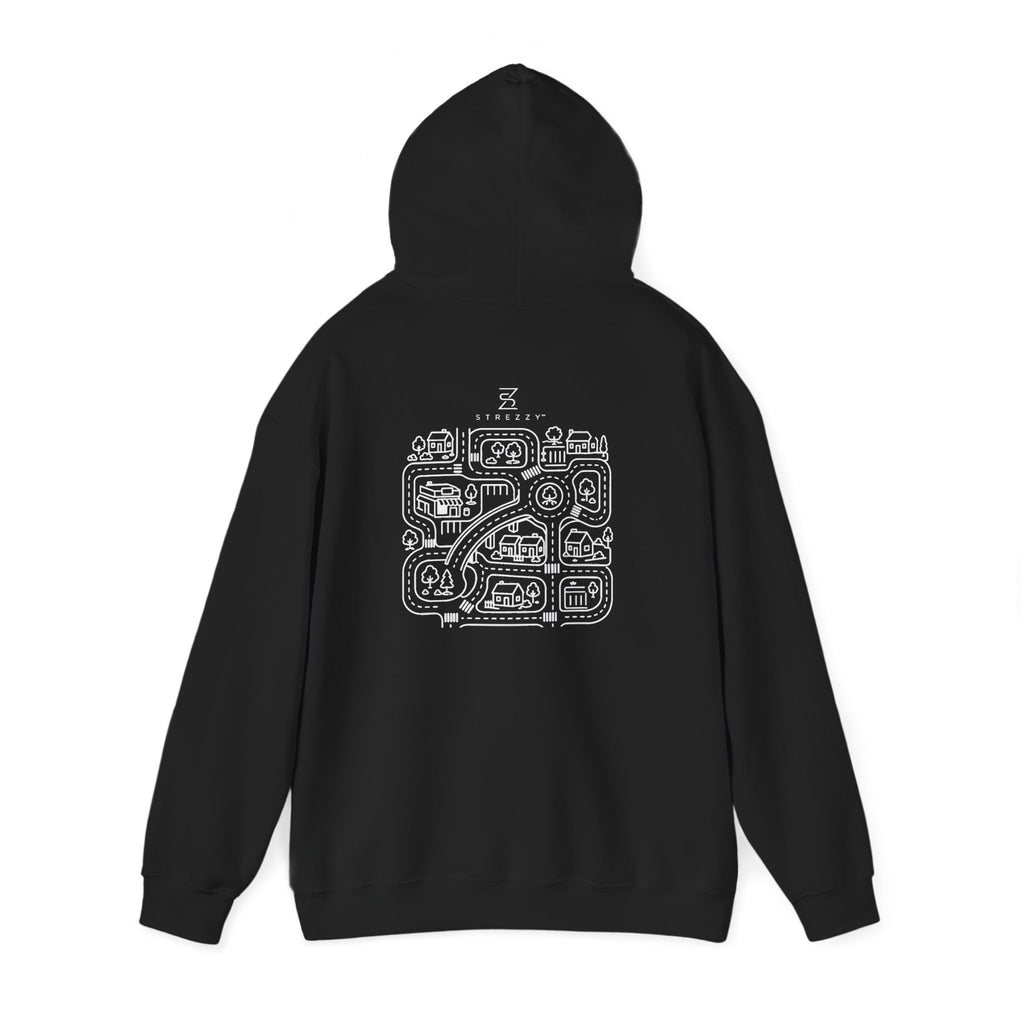 Black hoodie with hood and centered street-map graphic on the back