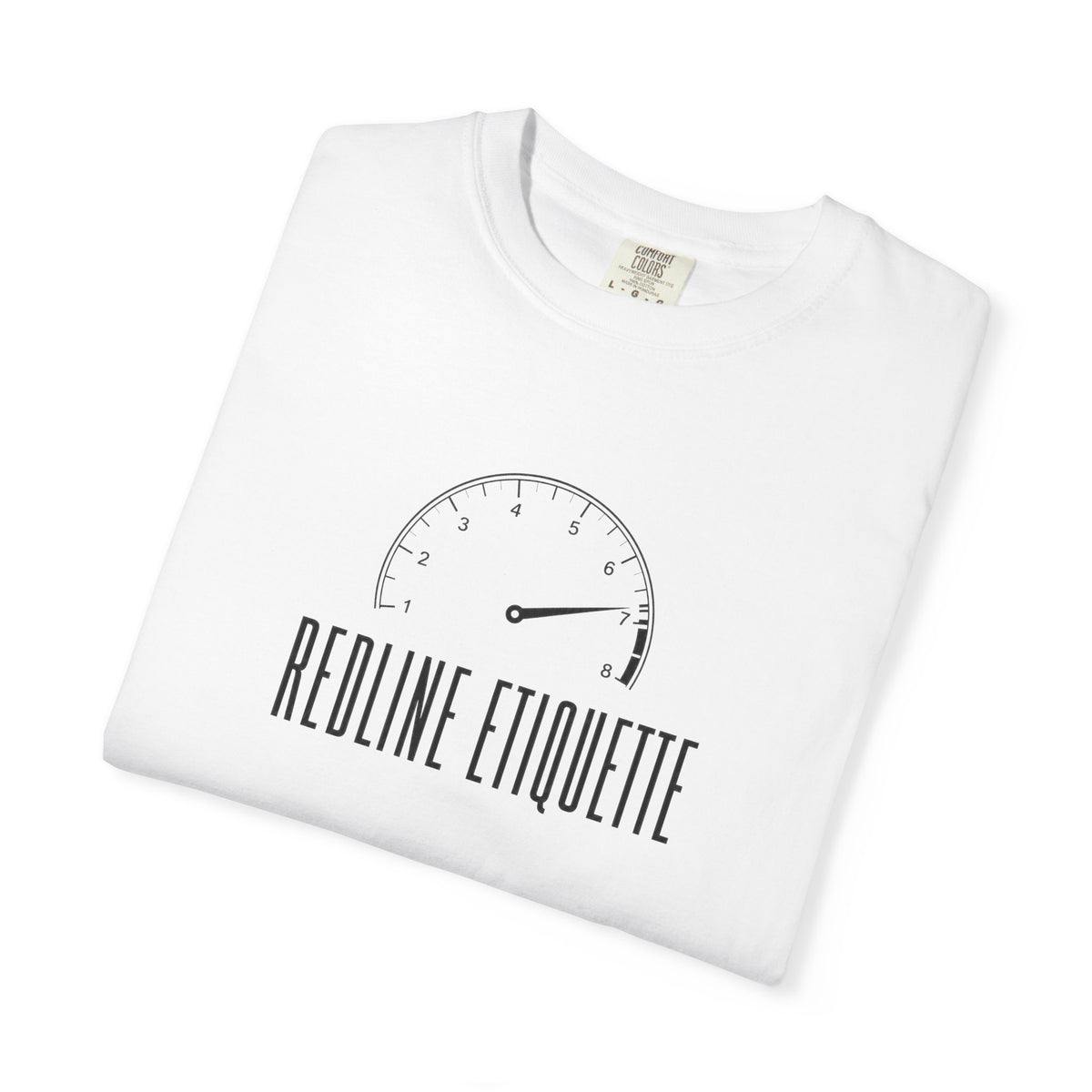 White T-shirt with circular gauge graphic and “REDLINE ETIQUETTE” logo print