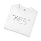 White folded t-shirt with Big Wing Cartel car outline logo across chest