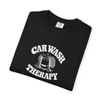 Black crewneck T-shirt with white “CAR WASH THERAPY” graphic centered on chest