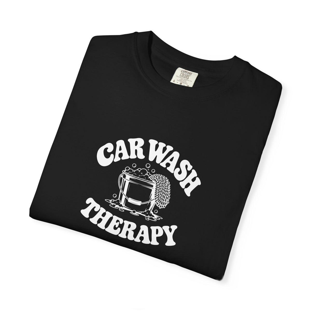 Black crewneck T-shirt with white “CAR WASH THERAPY” graphic centered on chest