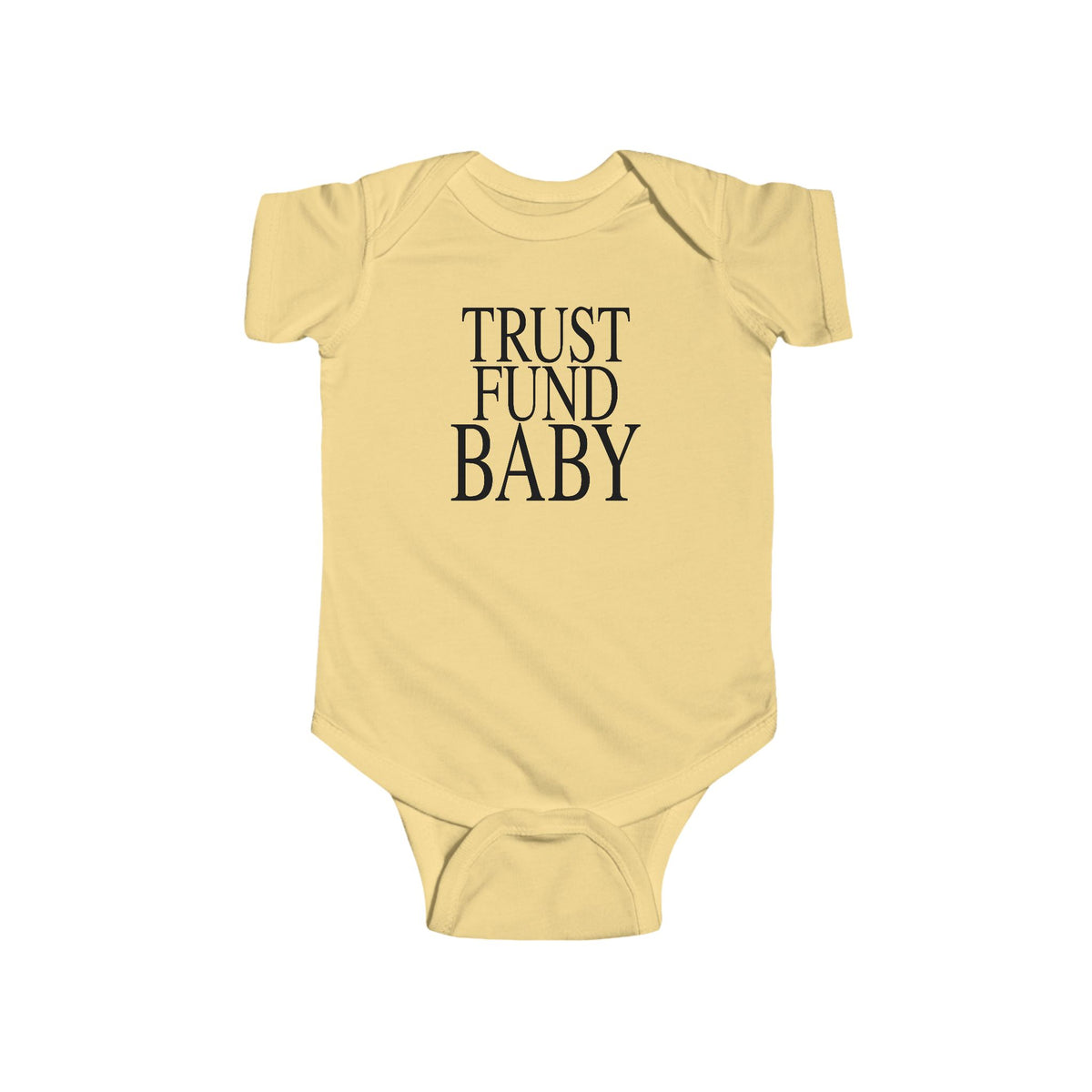 Butter short-sleeve baby bodysuit with 'TRUST FUND BABY' front text print