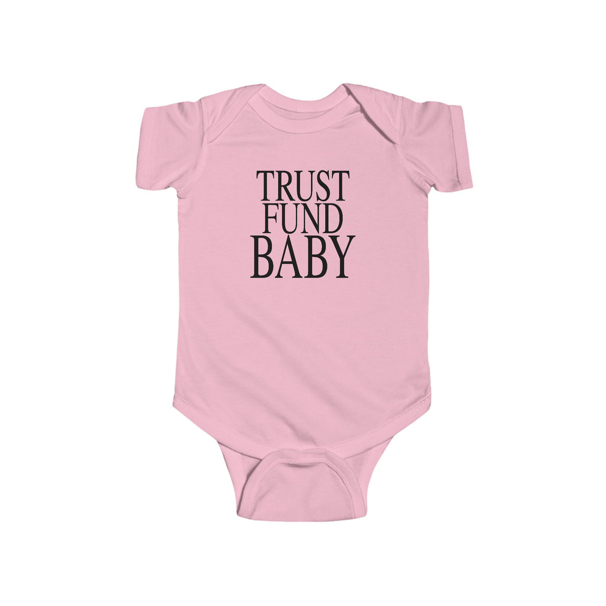 Pink short-sleeve baby bodysuit with 'TRUST FUND BABY' front text print