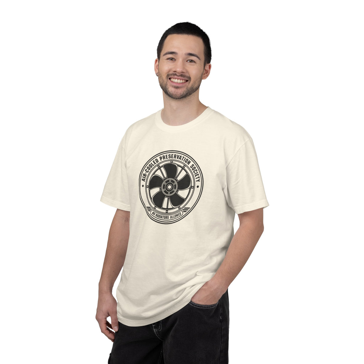 Ivory crew-neck T-shirt with large circular wheel graphic on the chest