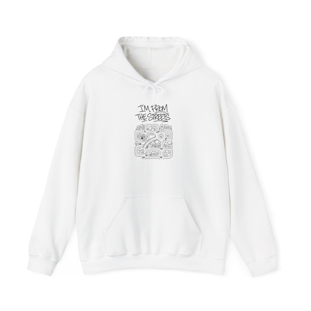 White map graphic pullover hoodie with hood, drawstring, and kangaroo pocket