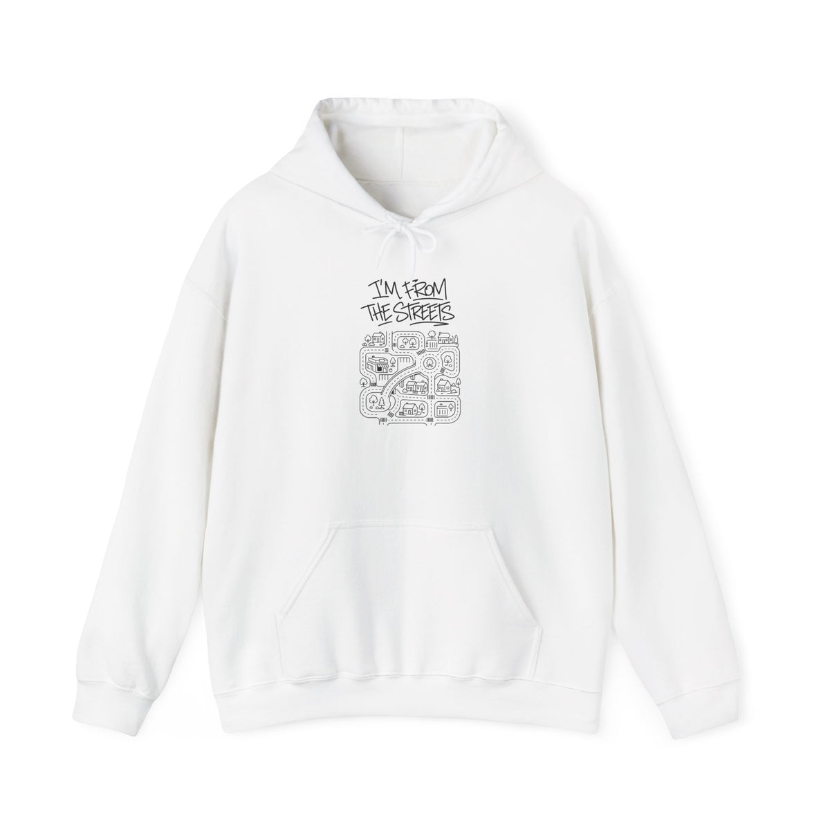 White map graphic pullover hoodie with hood, drawstring, and kangaroo pocket