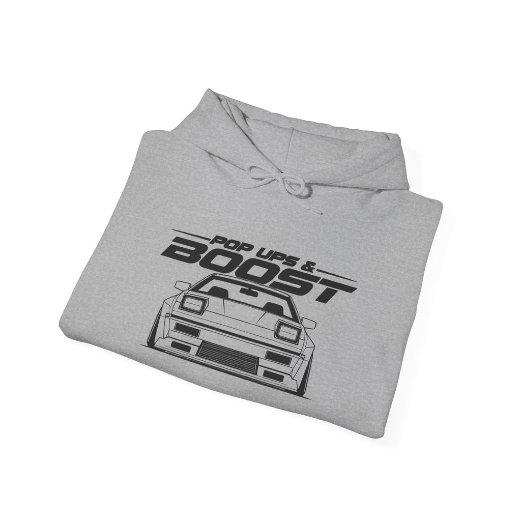 Sport grey pullover hoodie laid flat with drawstring hood and front JDM graphic