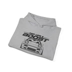 Sport grey pullover hoodie laid flat with drawstring hood and front JDM graphic