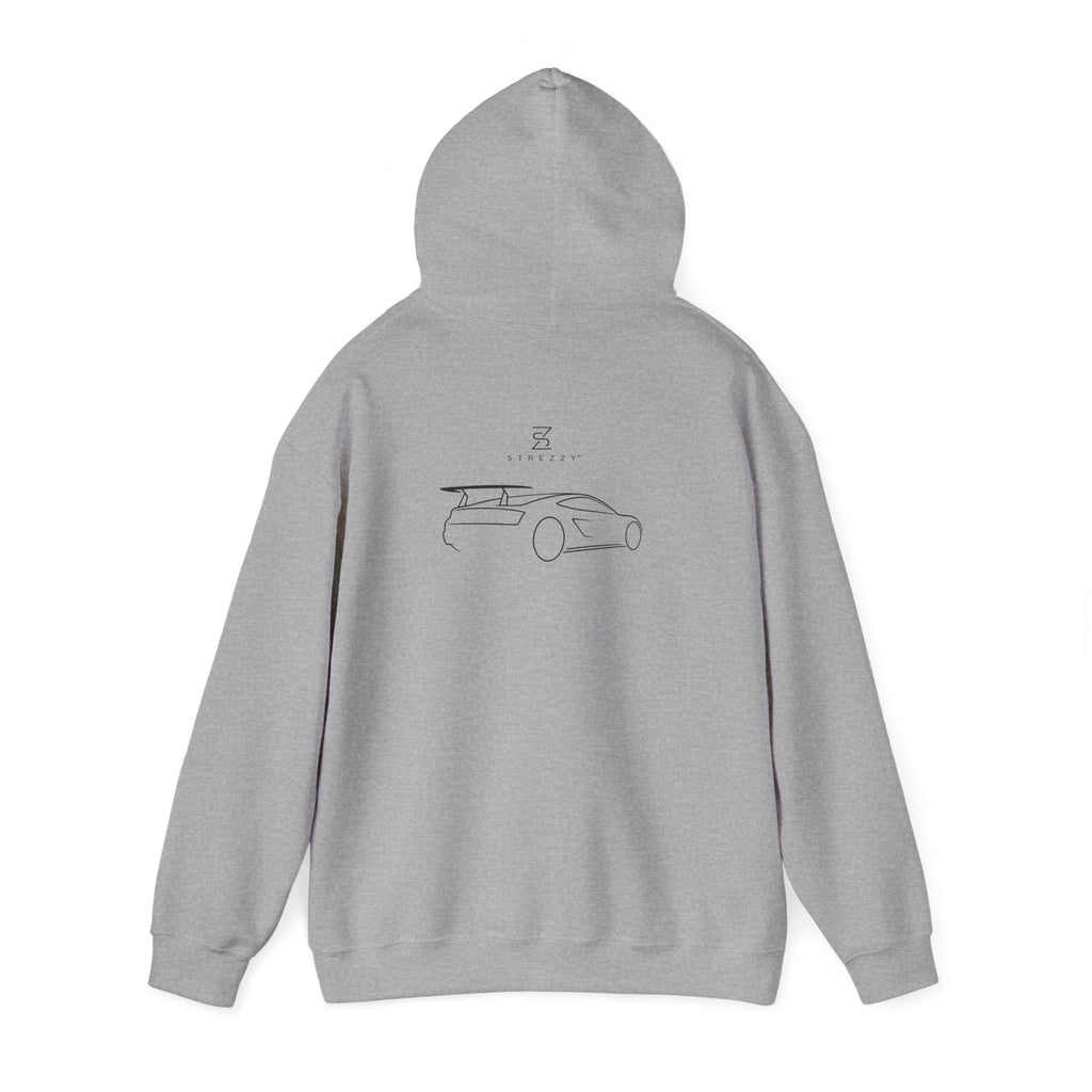 Sport grey pullover hoodie with car line-art graphic, back view with hood