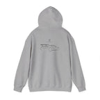Sport grey pullover hoodie with car line-art graphic, back view with hood
