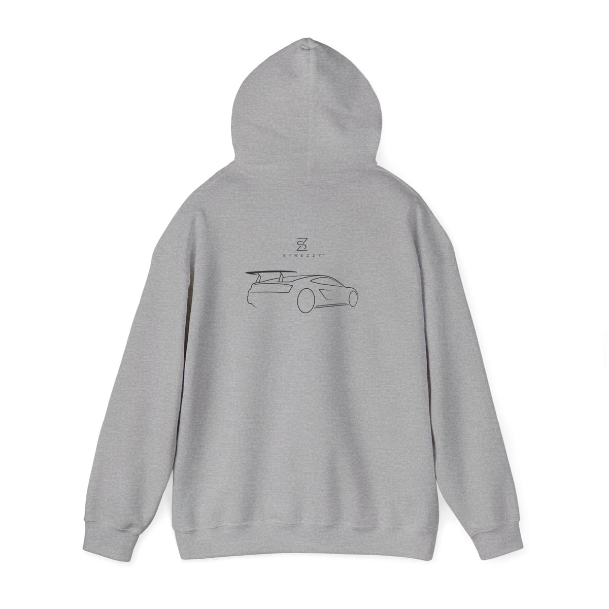Sport grey pullover hoodie with car line-art graphic, back view with hood