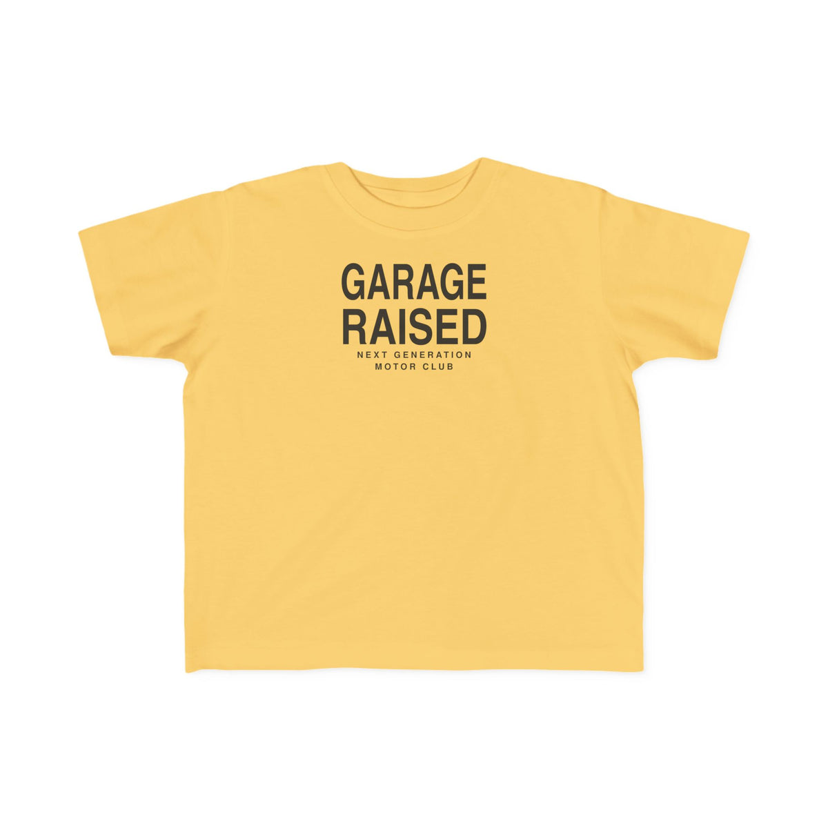 Butter yellow toddler t-shirt with 'GARAGE RAISED' logo and 'NEXT GENERATION' text.