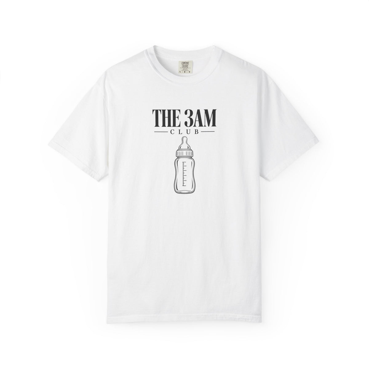 White baby bottle graphic t-shirt with “THE 3AM CLUB” text on the front