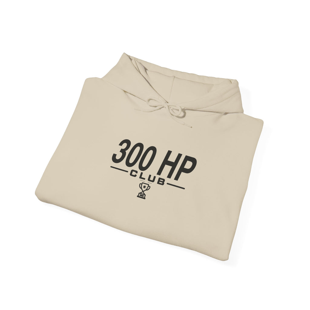 Sand/beige hoodie folded with drawstring hood and 300 HP Club graphic